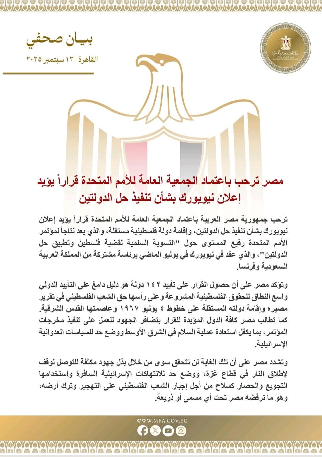 مصر تثمن إعلان نيويورك الذي يدعم حل الدولتين 