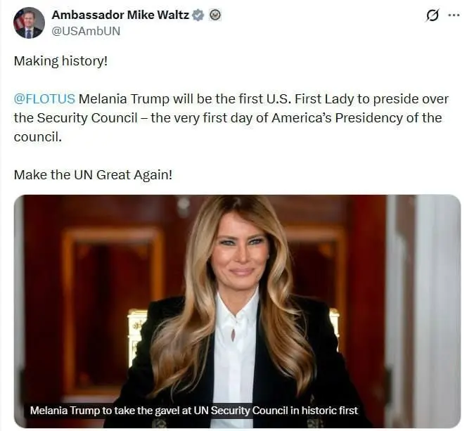 زوجة ترامب تترأس مجلس الأمن للحديث عن التعليم ومكافحة التنمر 