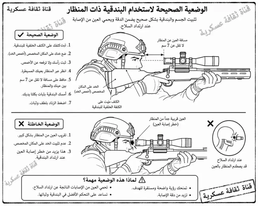 الوضعية الصحيحة لاستخدام البندقية ذات المنظار 